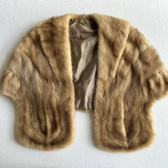 VINTAGE Mink Stole Scarf Fur Cape Shawl Fur Opera Ball Carmel Beige - Picture 1 of 9